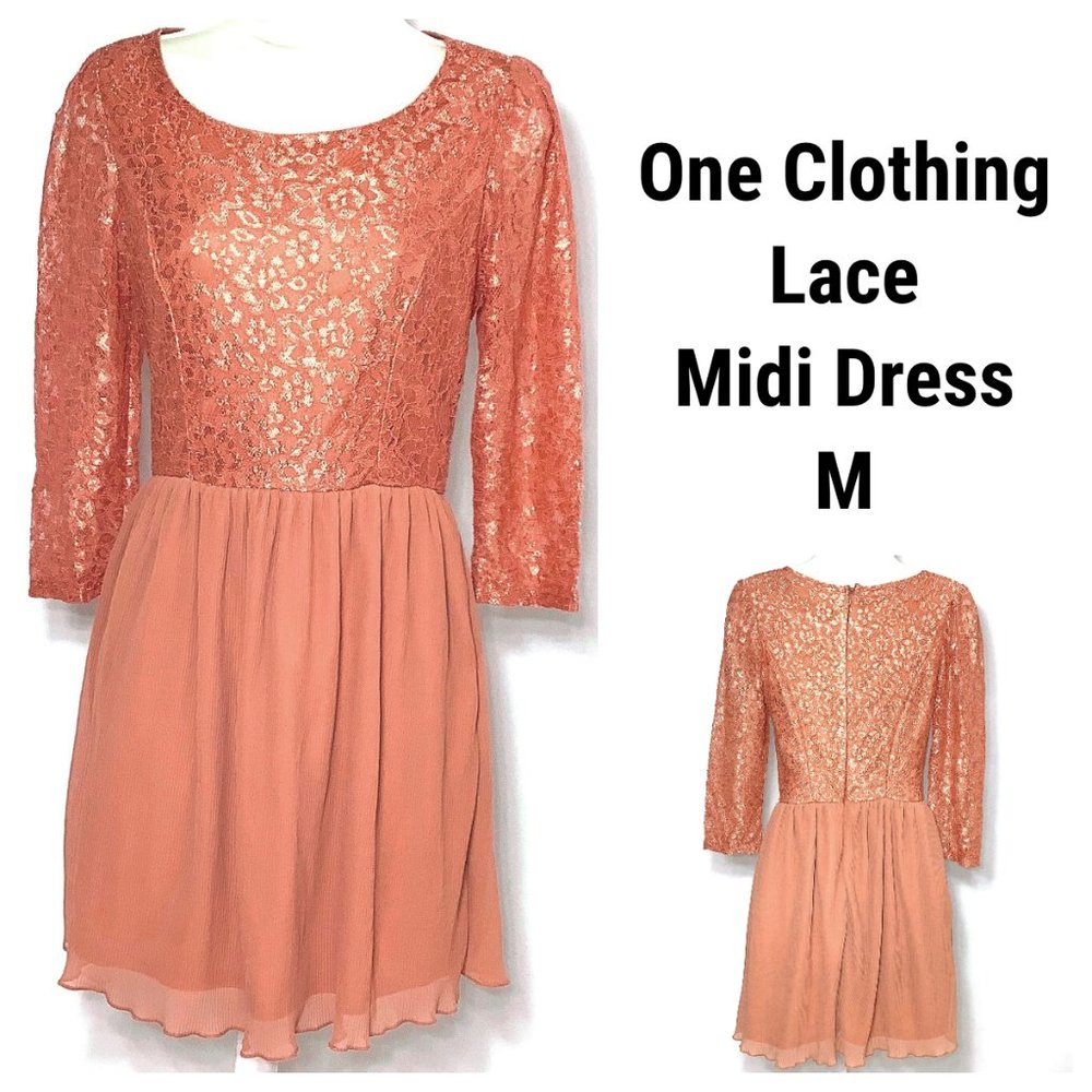 Lace Dress Pleated Orange Copper Ruffle Hem One Clothing Hidden Zipper Back M